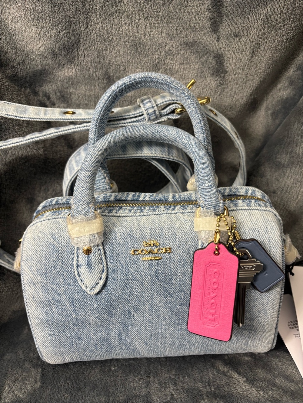 COACH Mini Rowan Crossbody Bag In Loved Denim With Charms(CDY30)